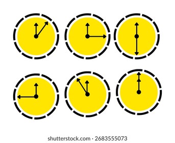 yellow clocks icon set showing six different time	