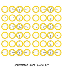 Yellow Clocks Showing All Twelve Hours at Fifteen Minute Intervals