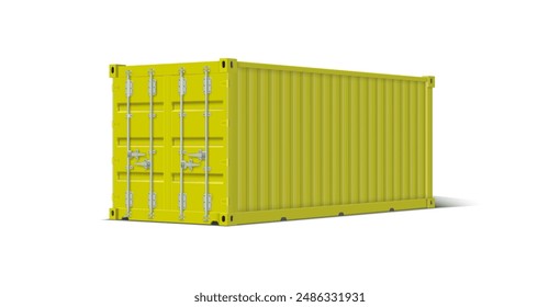 Yellow closed 3D cargo container, side view. Steel container for storage, transportation and logistics. Vector illustration on a white background.