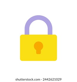 Cerradura cerrada amarilla con ojo de cerradura y manija información personal proteger vector ilustración plana. Candado clásico para seguridad privada fuerte bloqueado secreto aislado. Proteger el control de acceso bloqueado