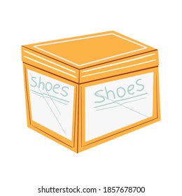 Gelbe Schuh-Box, Vektorgrafik. Öko-freundliche Schuhe, Konzept der natürlichen Materialien.
In einem Schuhladen einkaufen. Symbol, Symbol einzeln auf weißem Hintergrund