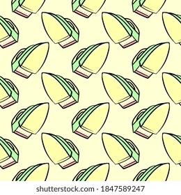 Yellow clothing iron, seamless pattern on light yellow  background.