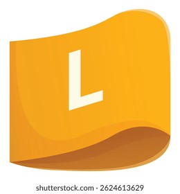 Yellow clothing tag showing size l, waving from a piece of clothing