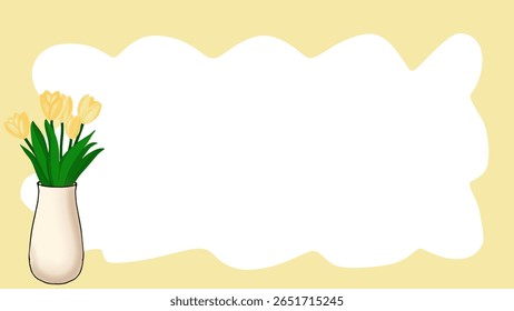 Gelber Wolkenrahmen und gelbe Tulpen in Vase.