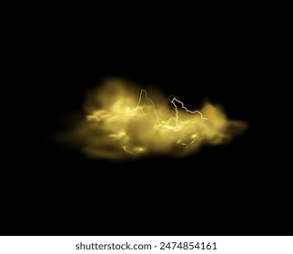 Gelbe Wolke mit Blitzen, Gewitterwolken-Vektorillustration. Realistische Sturmwolke, Rauch oder Nebel mit magischem Energieblitz. Glühender Meteorologie-Donnerbolzen auf schwarzem Hintergrund