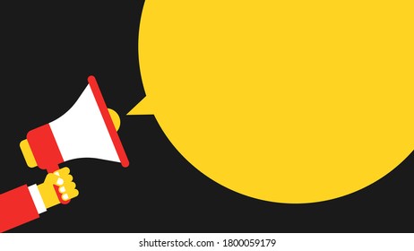 Nube amarilla para texto y mano sostiene megáfono. Antecedentes conceptuales. Ilustración vectorial