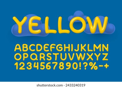 Yellow clouds font. English alphabet and numbers sign. Vector illustration