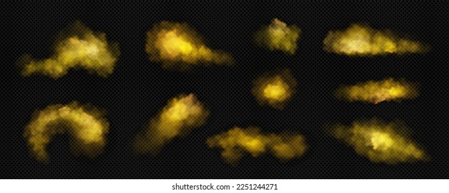 Yellow clouds of smoke, fog or steam. Magic dust splashes, color powder explosion texture. Smog or mist clouds isolated on transparent background, vector realistic illustration