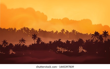 Yellow clouds sunset sky Asian landscape with palm trees forest in fog, vector illustration banner background