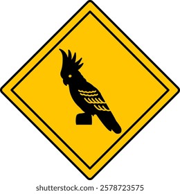 Yellow Cockatoo Road Sign. Vector Icon. Parrot, Bird. Road Sign Warning about Animal Crossing. Zoo Sticker