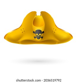 Yellow cocked hat with pirate symbol of skull and crossed bones