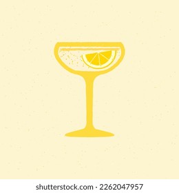 Yellow cocktail dessert glass. Alcohol drink with lemon. Daiquiri for bar and event. Flat vector illustration with texture. Simple retro poster