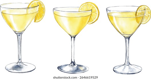 Yellow Cocktail Drinks - Lemon Garnish - Watercolor  vector illustration