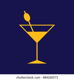 Yellow cocktail glass vector icon. Blue background