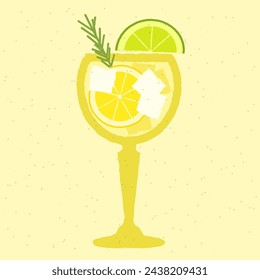 Yellow cocktail with lemon, lime, ice cubes, and rosemary in stemware glass. Refreshing liquid for events. Lemon juice with rum. Alcohol drink for bar. Flat vector illustration with texture