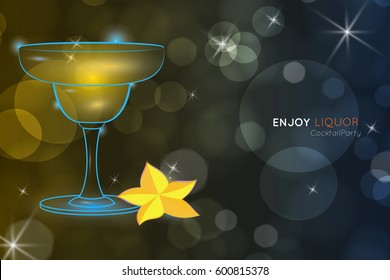 Yellow cocktail in Margarita glass with star fruit.Neon cocktail with light glowing on black background. Design for cocktail menu, cocktail party, bar poster. Template for nightclub event