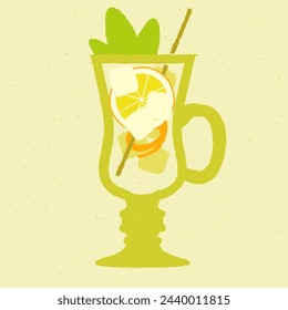 Yellow cocktail with orange, ice cubes, zest and leaves. Non-alcoholic lemonade in handle glass. Refreshing liquid for events. Hot tea. Alcohol drink for bar. Flat vector illustration with texture