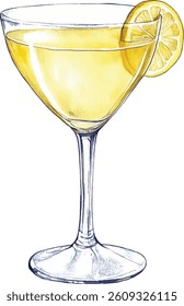 Yellow Cocktail Watercolor  - Martini Glass with Lemon vector illustration