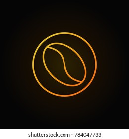 Yellow coffee bean in circle vector icon or sign in thin line style on dark background