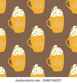 Yellow Coffee cup icon seamless pattern on brown background. Hot drink coffee. Seamless pattern for fabric, textiles, clothing, wrapping paper, cover, banner, home decor, abstract background.