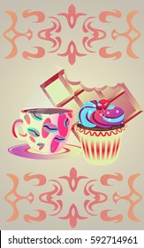 Yellow coffee mug with chocolate and cake