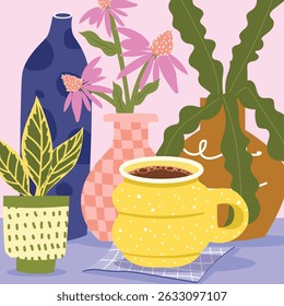 Yellow Coffee Mug Flower Vase Illustration
