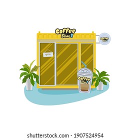 yellow Coffee shop with sign. cafe on white background. Flat design concept. Vector illustration