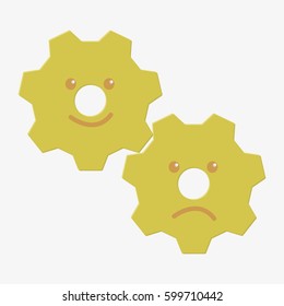 Yellow cogwheels characters. Isolated on white background. Flat vector stock illustration