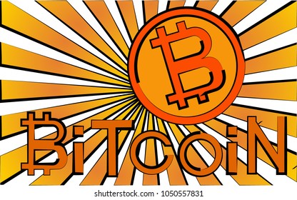 Yellow coin of bitcoin with black stroke on the background of orange rays, the concept of echnology blockchein, crypto currency. Vector illustration.