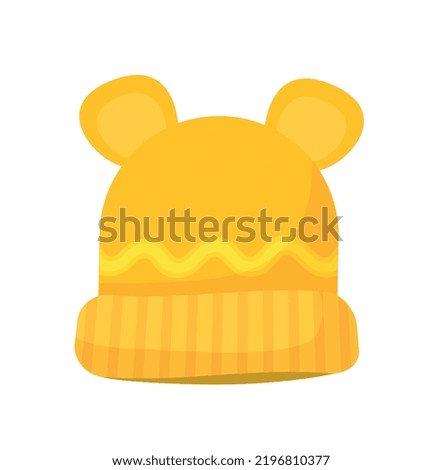Yellow cold hat icon. Social media sticker, graphic element for website. Stylish and cute accessory with ears to protect head from cold. Autumn and winter fashion. Cartoon flat vector illustration