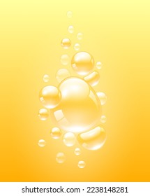 Yellow collagen vitamins bubbles and hyaluronic acid solution. Water serum droplets transparent realistic 3D. For cosmetic advertising design. Isolated on pink background. Vector illustration.