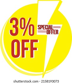 
Yellow color 3% off round vector with lightning in the middle. Advertisement of three percent discount. yellow ad with lightning. ad with lightning.