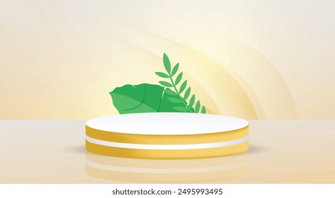 Yellow color 3D product podium background design with leaf and wall. Product showcase background art. Product display mockup design vector. Business. Leaf. Modern studio background