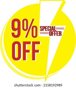 Yellow color 9% off round vector with lightning in the middle. Nine percent off advertisement. yellow ad with lightning. ad with lightning.
