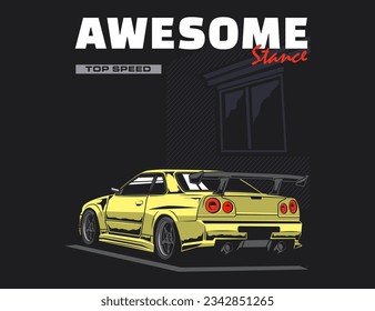 yellow color 90s car with perfect background and text for vector illustration design