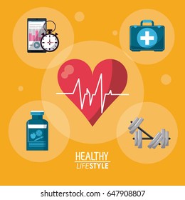 yellow color background with bubbles and heartbeat rhythm with elements sport healthy lifestyle