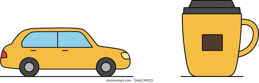 Yellow color car and coffee mug 