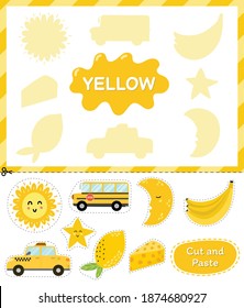 Yellow Color. Cut The Elements And Match Them With The Right Shadows. Learning Color Yellow Educational Game For Kids. Cut And Paste Activity For Toddlers. Vector Illustration