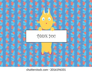 Yellow color cute cat hanging on thank you card board template. Kitten with pink paws and pink nose. Baby cat cartoon. Cat cards. Hearts pattern background isolated vector.