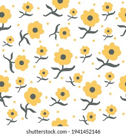 Yellow color cute flowers seamless pattern on white background for wallpaper and textile. Botanical simple flat vector repeat fabric for summer.