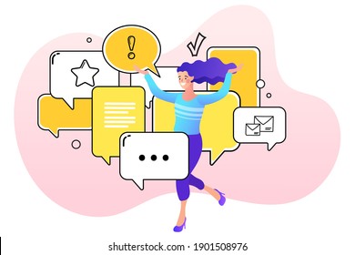 Yellow color dialog speech bubbles and woman. Template for filling. People discuss or argue. business concept for web site, app, poster, placard and ad. Vector illustration.