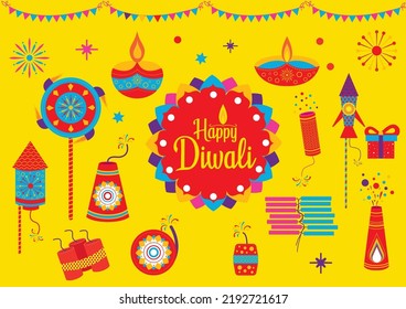 En color amarillo festival Diwali elementos modernos ilustración e icono conjunto para plantillas de diseño gráfico y web o petardos Deepavali, petardos Diwali vector plano, fuegos artificiales vectoriales completos de color