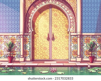 Yellow color door to a Moroccan-style building in a patio with a pond. Traditional ornament