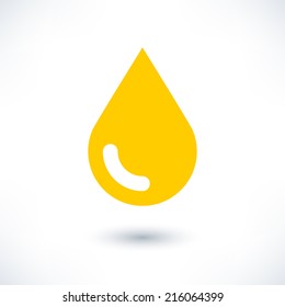 Yellow color drop icon with gray shadow on white background. Gold oil sign in simple, solid, plain, flat style. This vector illustration graphic web design graphic element saved in 8 eps