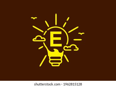 Color amarillo de la letra inicial E en forma de bombilla con diseño de fondo oscuro