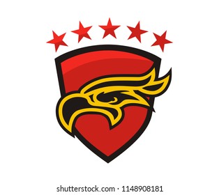 yellow color eagle head line art silhouette shape like tattoo logo design illustration for sport team need, like football, baseball, soccer, basketball, hockey with red shield and star on background