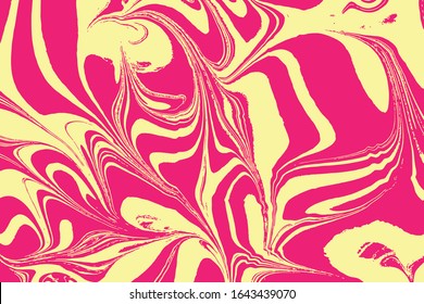 Yellow and color ebru art. Traditional Turkish Ebru technique. Painting on water transferred on highly textured paper or cloth. Color paint ebru with waves and tile pattern. Vector. 
