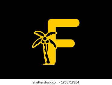 Yellow color of F initial letter with coconut tree design