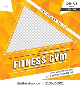 Yellow Color Fitness Body Building Gym Flyer Template With Photo Section. Unisex Gym Square Size Ready To Print Gym Pamphlet, Poster, Banner.