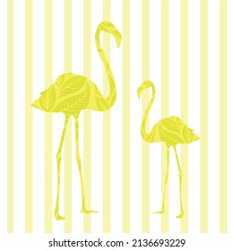 yellow color flamingo pattern on yellow striped background, vector textile overlay
